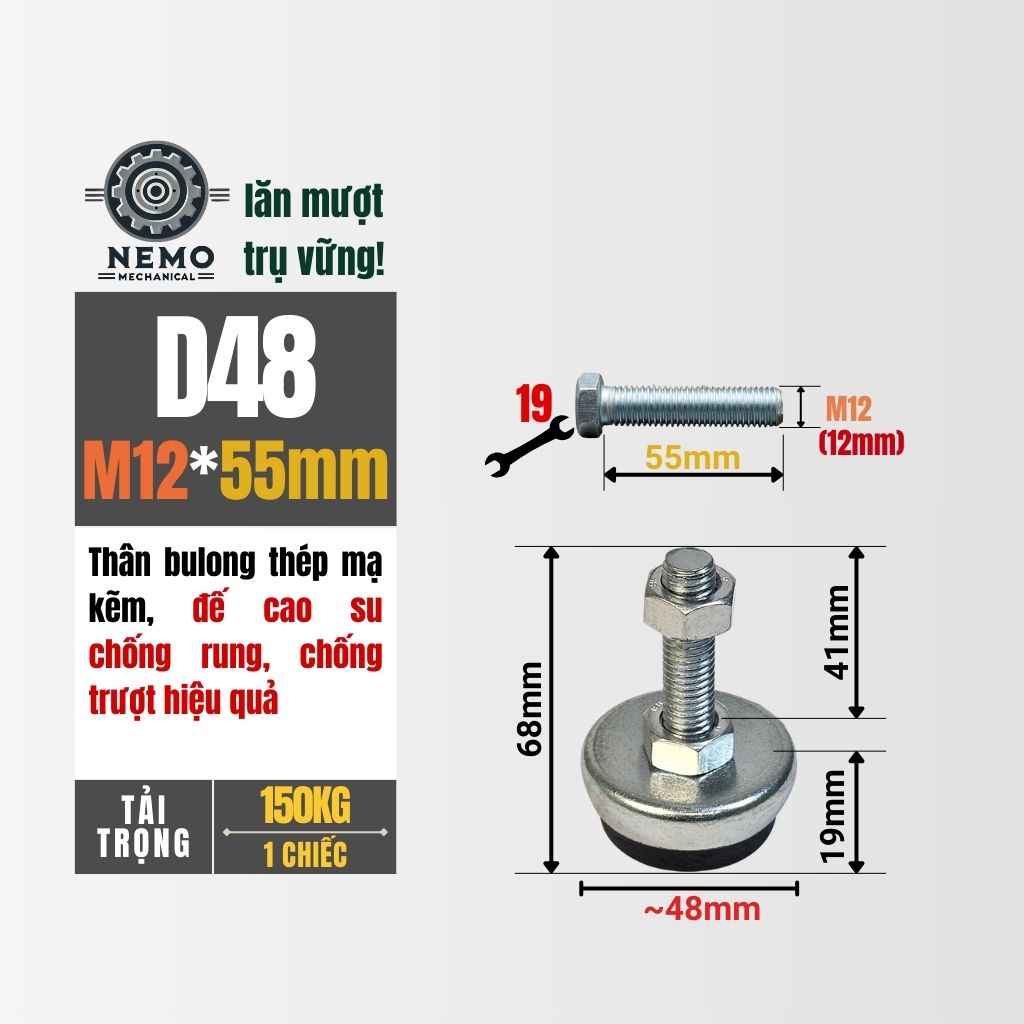 Chân Tăng Chỉnh Đế Cao Su M12 – Chống Rung Chuyên Dụng & Bảo Vệ Sàn